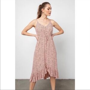 Rails Frida Midi Dress in Rose Spotted Pink Drawstring Waist Buttons Lined Sz. S
